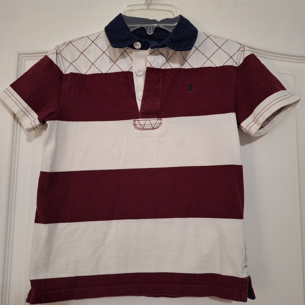 Polo Ralph Lauren Rugby Short Sleeve Shirt Maroon and White Striped Boys Size 7